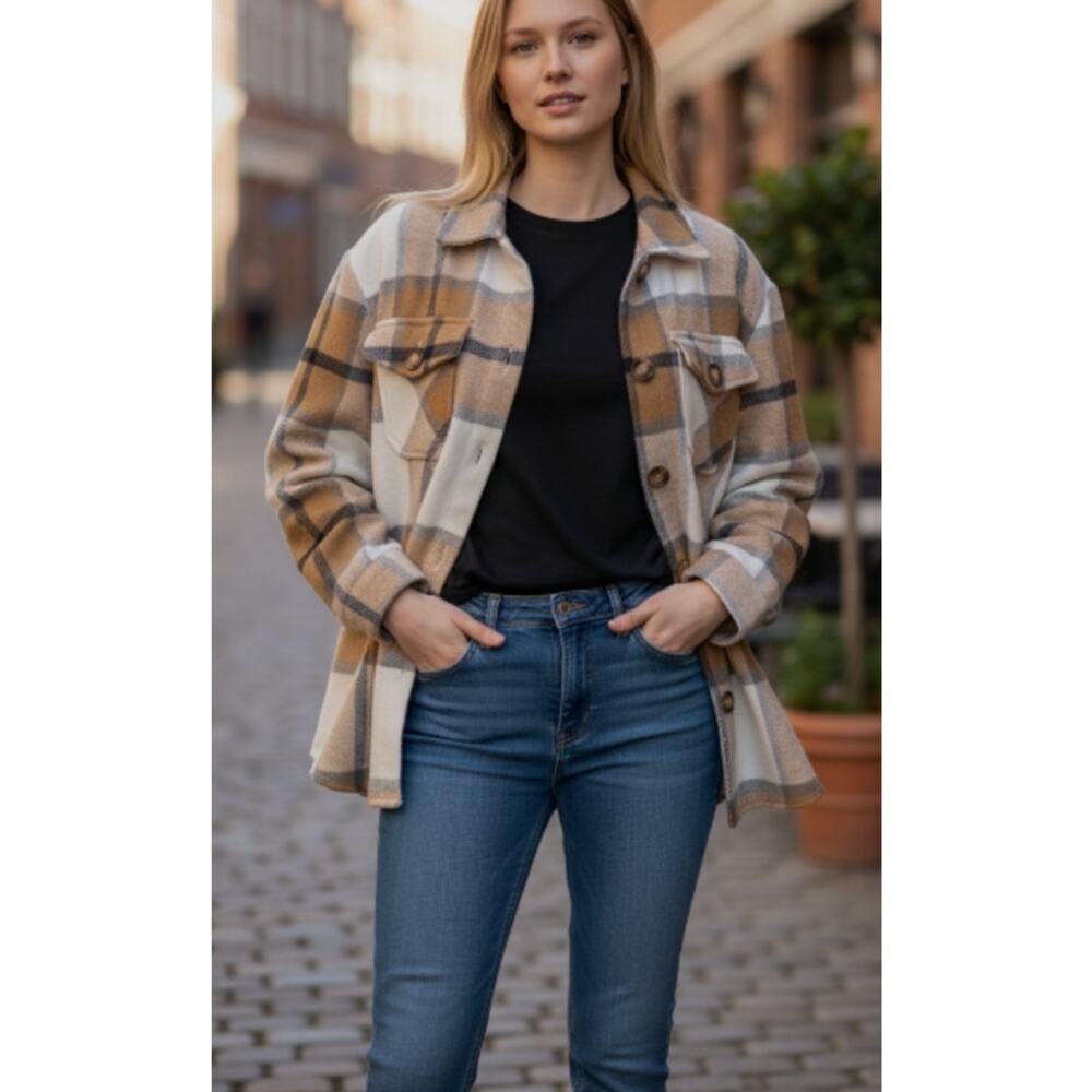 Women's Tan Flannel Plaid Shacket Jacket size Medium